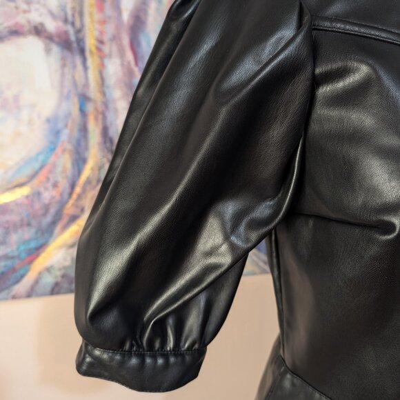 Y2K Inspired Black Faux Leather Mini Dress Size Small Puffy Short Sleeve Lined - Picture 4 of 12